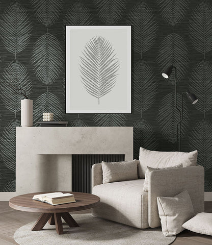 Modern living room with wall decorated with Gray Grasslands Leaf Commercial & Vinyl, a beige armchair, and a wooden coffee table.