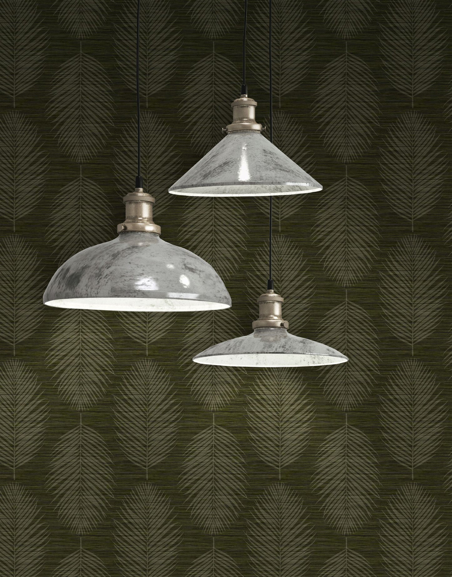 Three pendant lights hanging against a wall decorated with Green Olive Grasslands Leaf Commercial & Vinyl.
