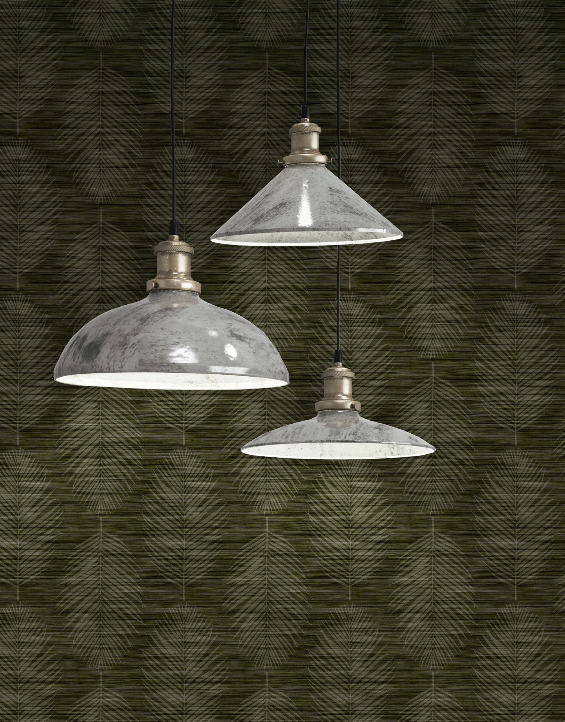 Three pendant lights hanging against a wall decorated with Green Olive Grasslands Leaf Commercial & Vinyl.
