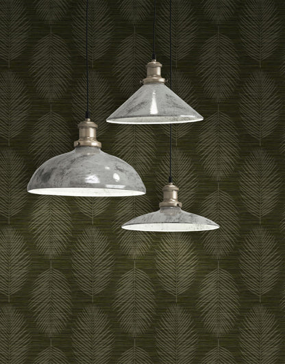 Three pendant lights hanging against a wall decorated with Green Olive Grasslands Leaf Commercial & Vinyl.
