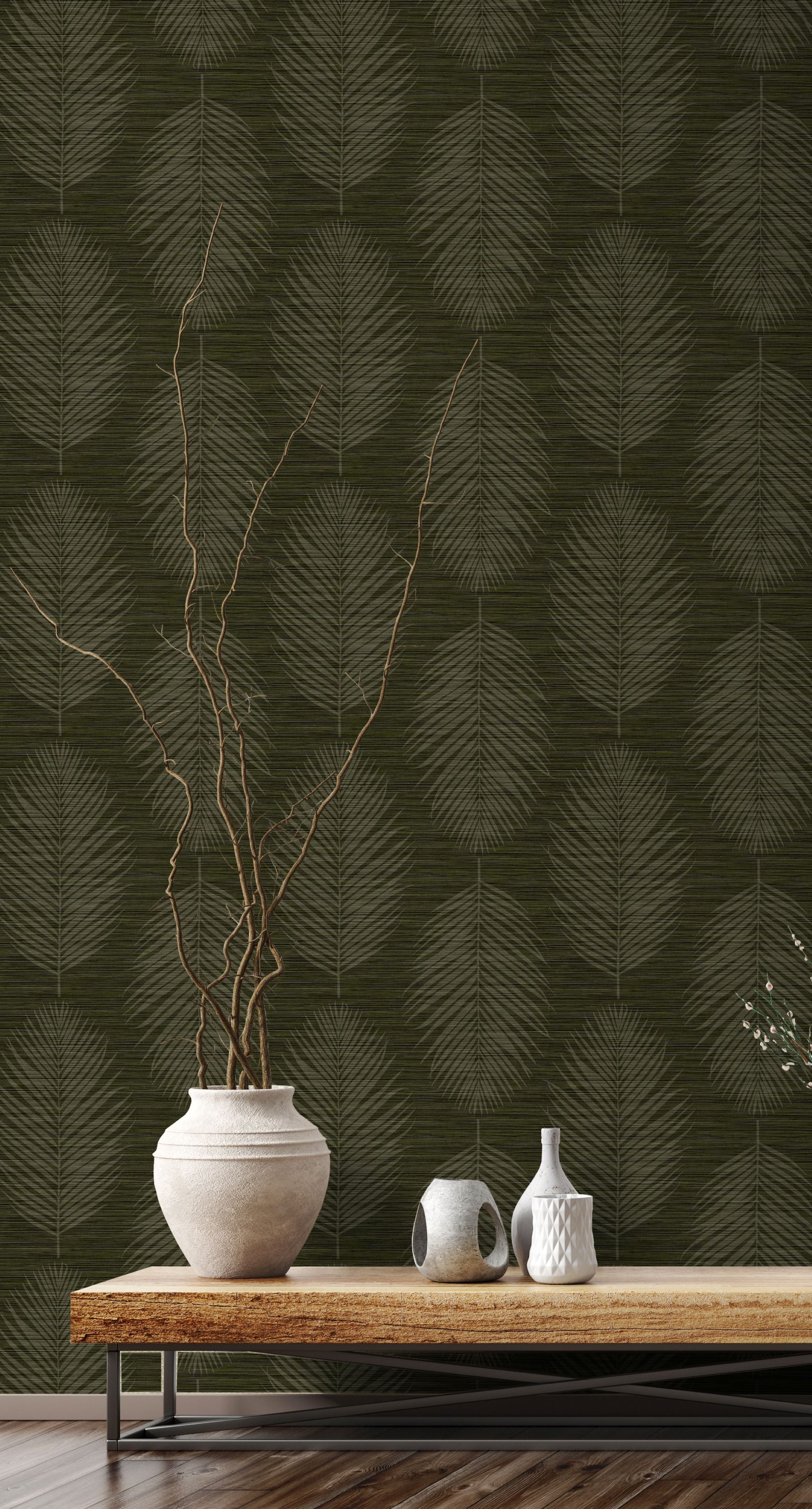 Decorative wall with Green Olive Grasslands Leaf Commercial & Vinyl, table with vases and a plant against the wall.