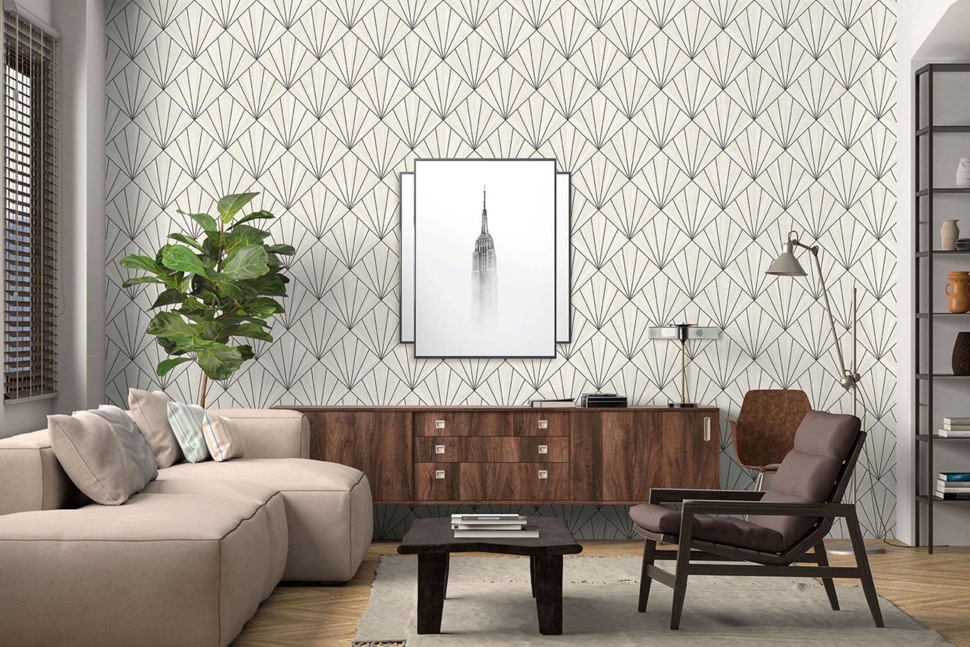 Modern living room with a wall decorated with Black & White Art Deco Geo Commercial & Vinyl, furniture, and decor.
