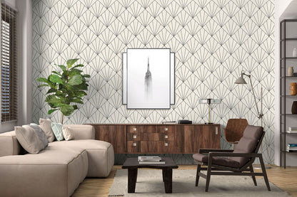 Modern living room with a wall decorated with Black & White Art Deco Geo Commercial & Vinyl, furniture, and decor.