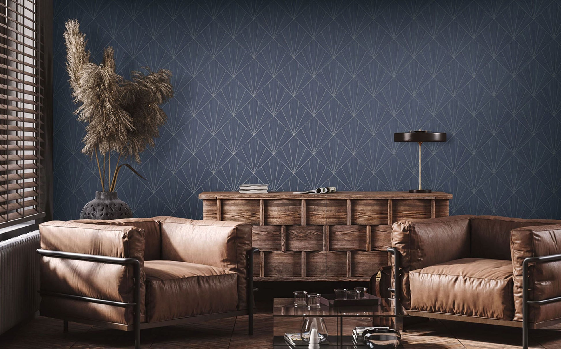 Living room with brown leather sofa, wooden cabinet, and decorative elements against a wall decorated with Ink Blue Art Deco Geo Commercial & Vinyl.
