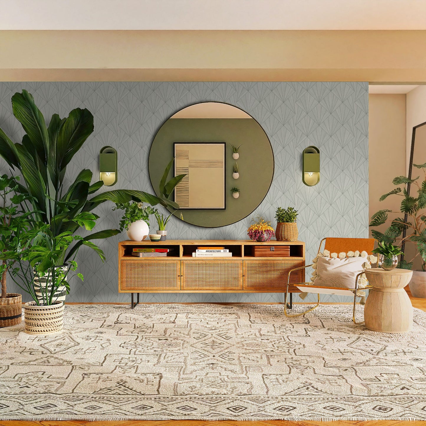 Modern living room with a wooden sideboard, round mirror, and decorative items and a wall decorated with Beige & Ash Art Deco Geo Commercial & Vinyl.
