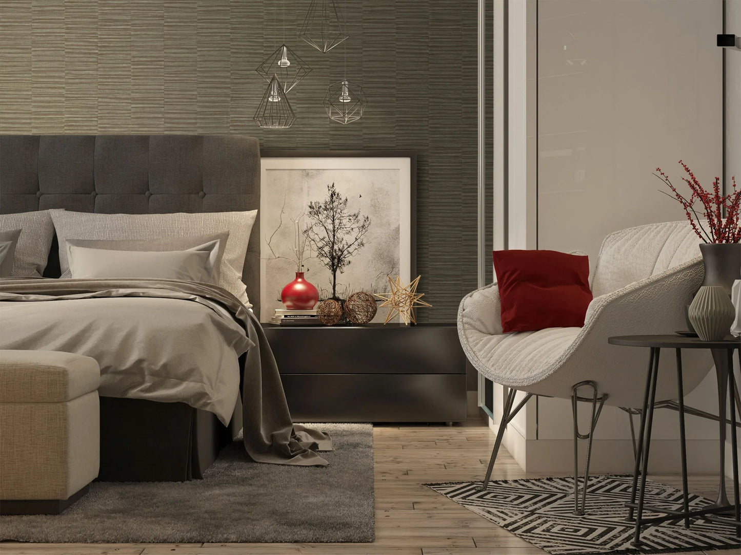Modern bedroom with a gray bed, red accents, art, and Industrial Grasscloth Stripe Vinyl highlighting geometric lighting.