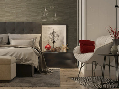 Modern bedroom with a gray bed, red accents, art, and Industrial Grasscloth Stripe Vinyl highlighting geometric lighting.