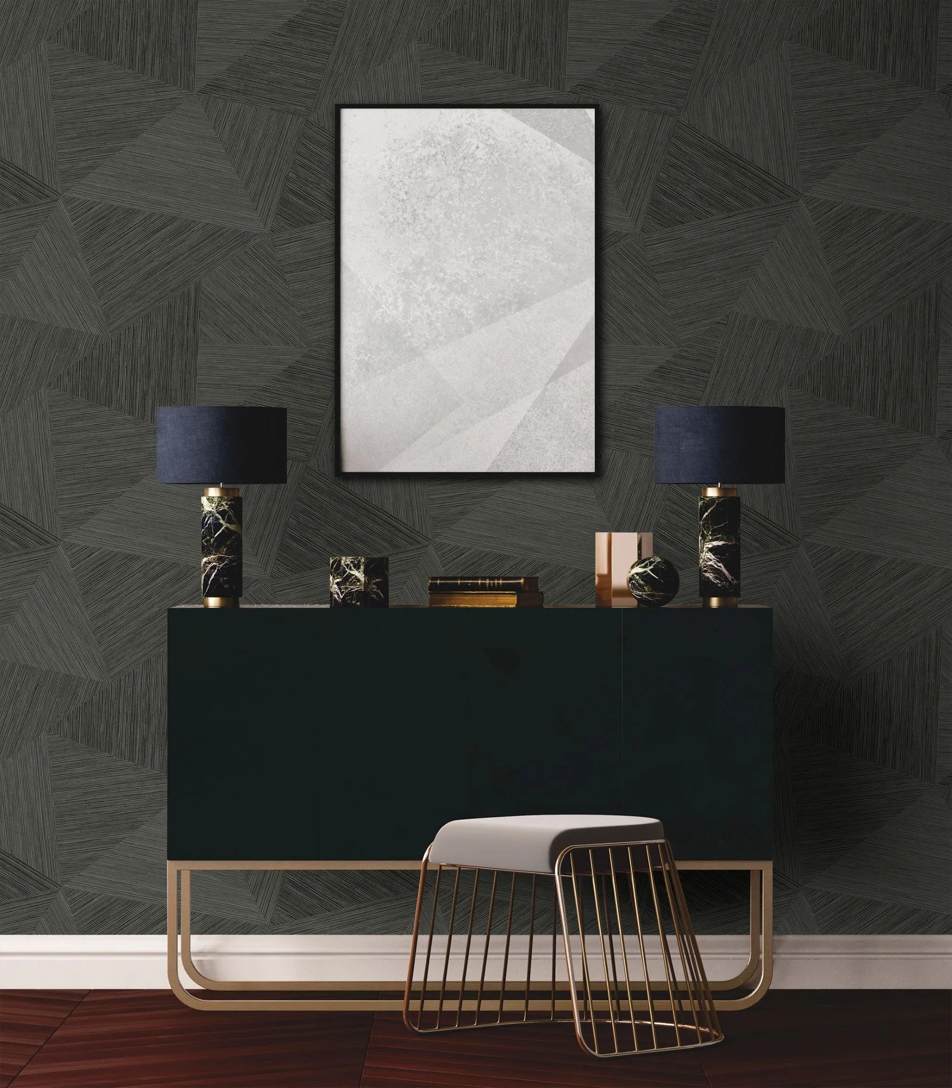 Modern interior with a black console table, lamps, and abstract art on a Charcoal Geometric Fibers Triangles Commercial & Vinyl.