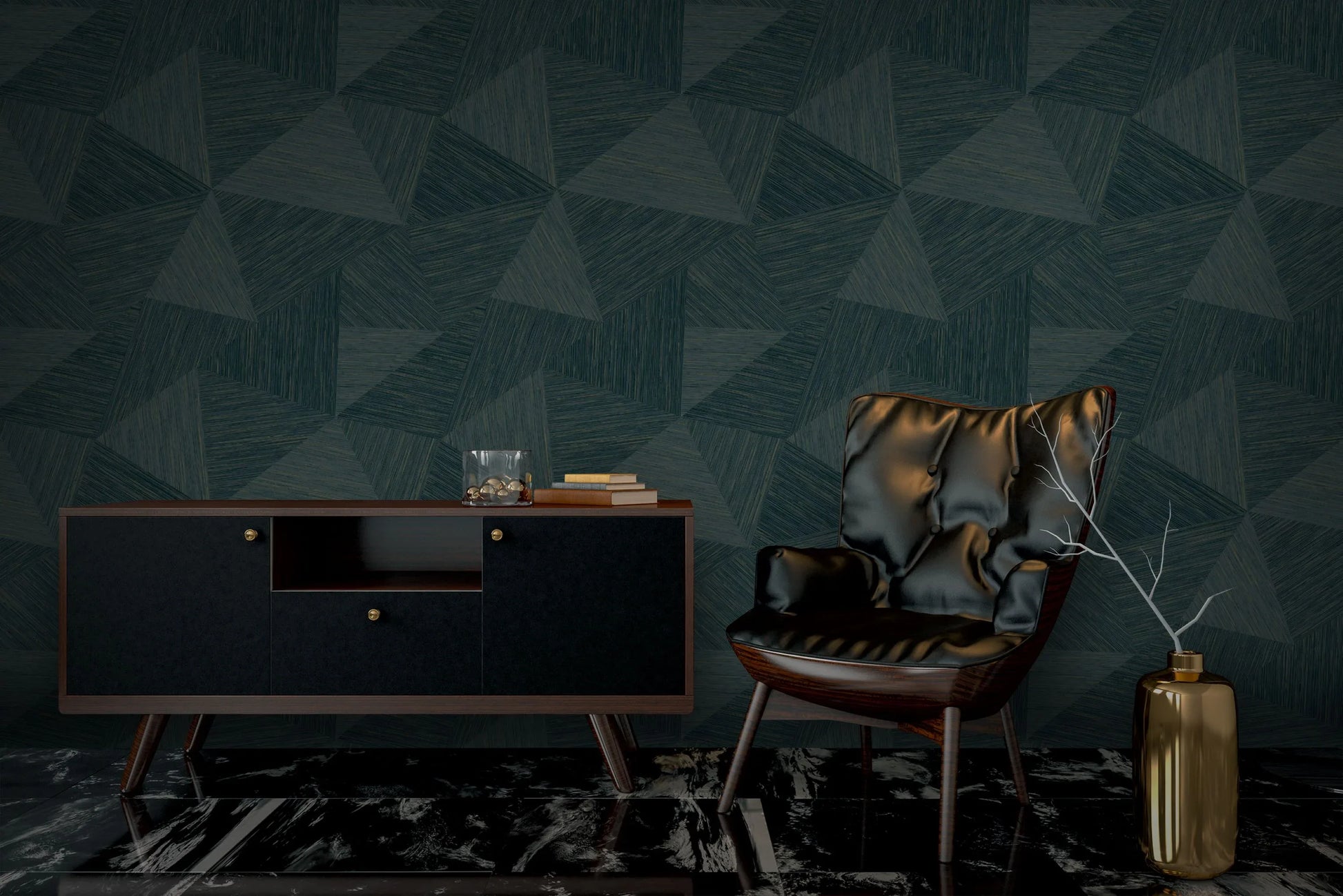 Modern interior with a Jade Green Geometric Fibers Triangles Commercial & Vinyl patterned wall, wooden cabinet, and leather chair.