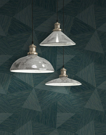 Three pendant lights hanging against a Jade Green Geometric Fibers Triangles Commercial & Vinyl.