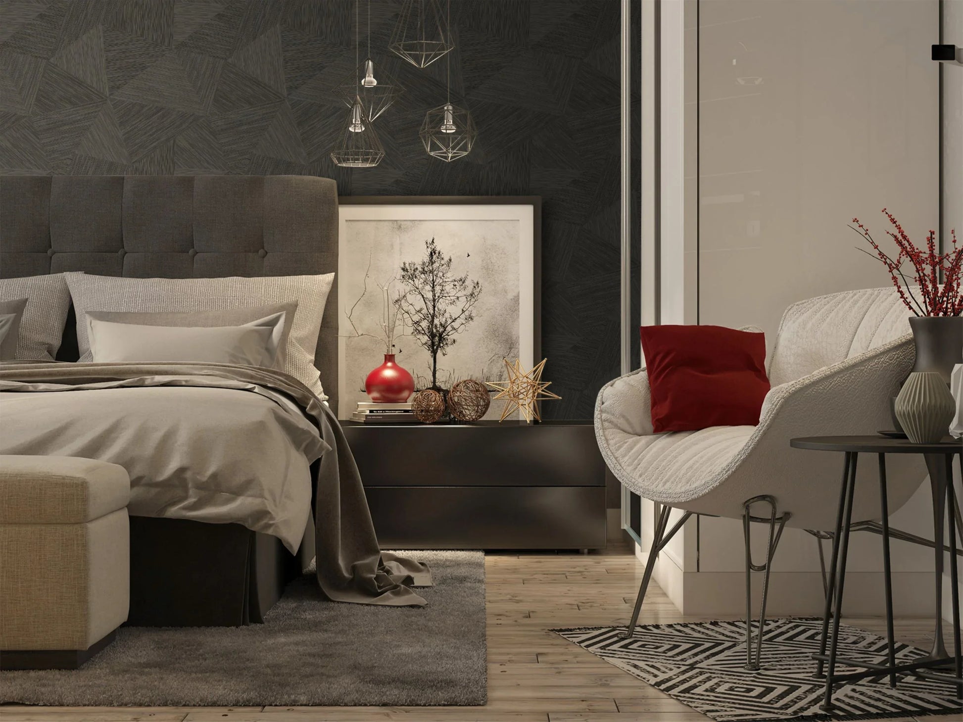 Modern bedroom with bed, nightstands, and a chair against a wall decorated with Brown & Taupe Geometric Fibers Triangles Commercial & Vinyl.