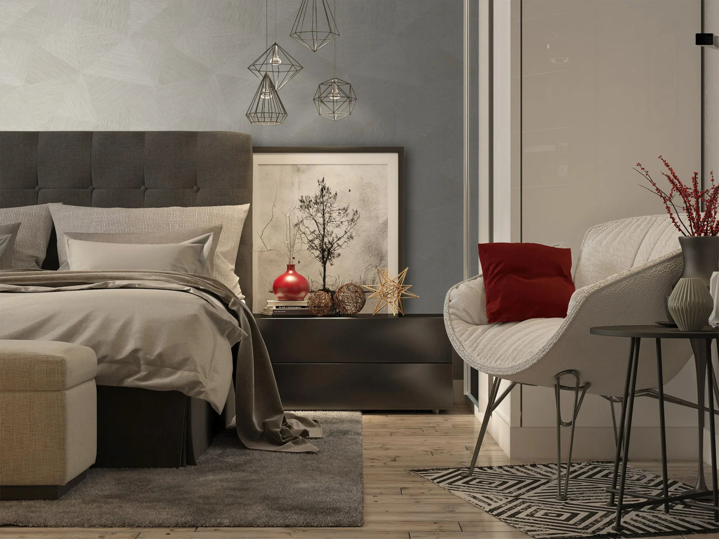 Modern bedroom with gray upholstered headboard, gray bedding, and a side table with decorative items against a wall decorated with Beige Geometric Fibers Triangles Commercial & Vinyl.