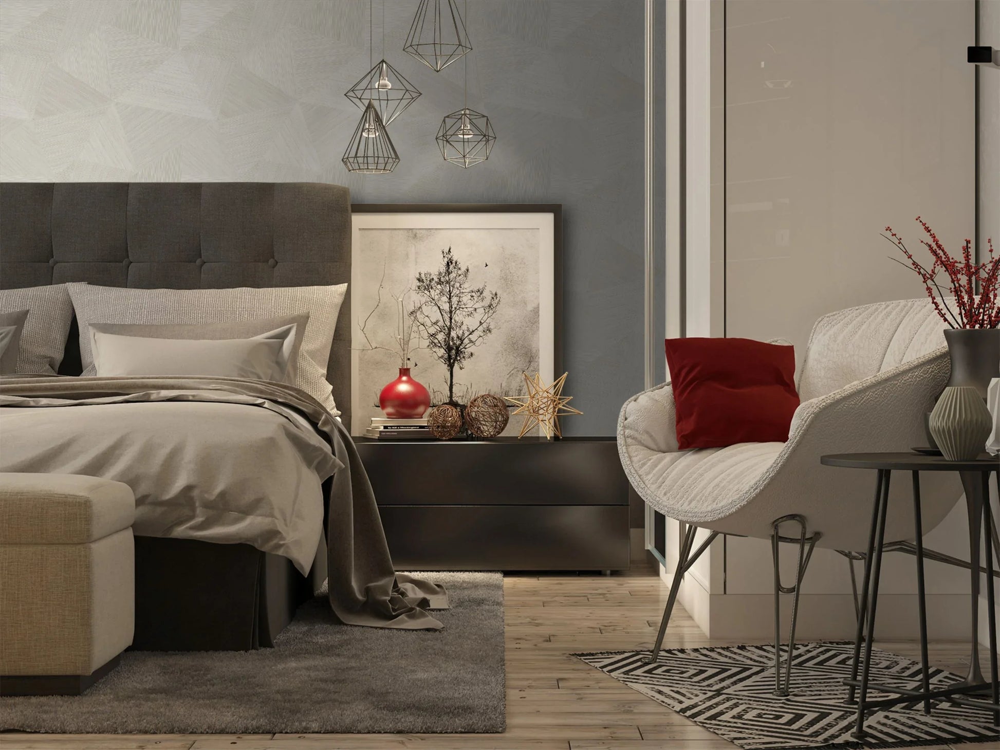 Modern bedroom with gray upholstered headboard, gray bedding, and a side table with decorative items against a wall decorated with Beige Geometric Fibers Triangles Commercial & Vinyl.