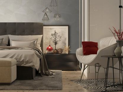 Modern bedroom with gray upholstered headboard, gray bedding, and a side table with decorative items against a wall decorated with Beige Geometric Fibers Triangles Commercial & Vinyl.