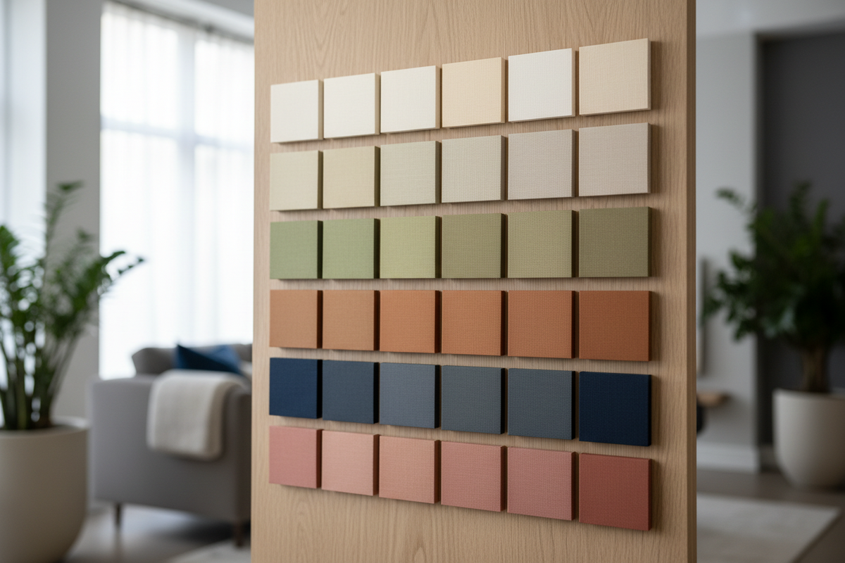 A display board shows rows of fabric swatches in neutral, green, orange, blue, and pink shades in a modern room.