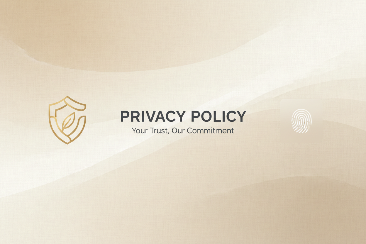Beige background with shield and fingerprint icons. Text reads: Privacy Policy. Your Trust, Our Commitment.