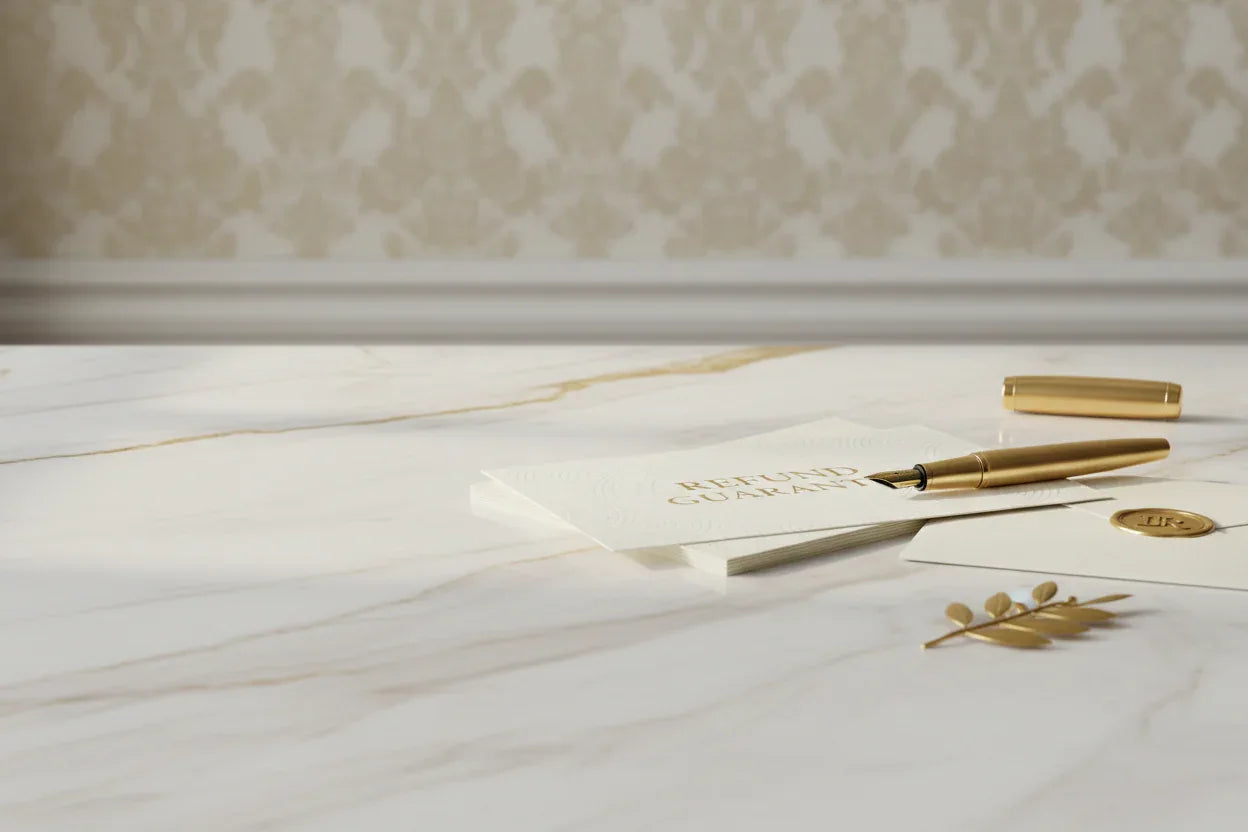 Gold pen and capped envelope on marble desk with a Refund Guarantee card and a decorative golden leaf.
