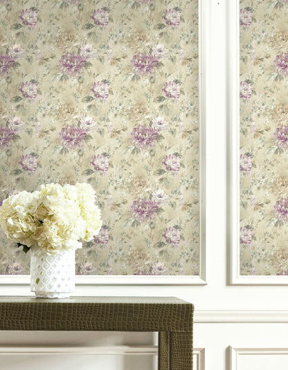 White vase with hydrangeas stands before Floral Wallpaper featuring a purple and beige graphic print.