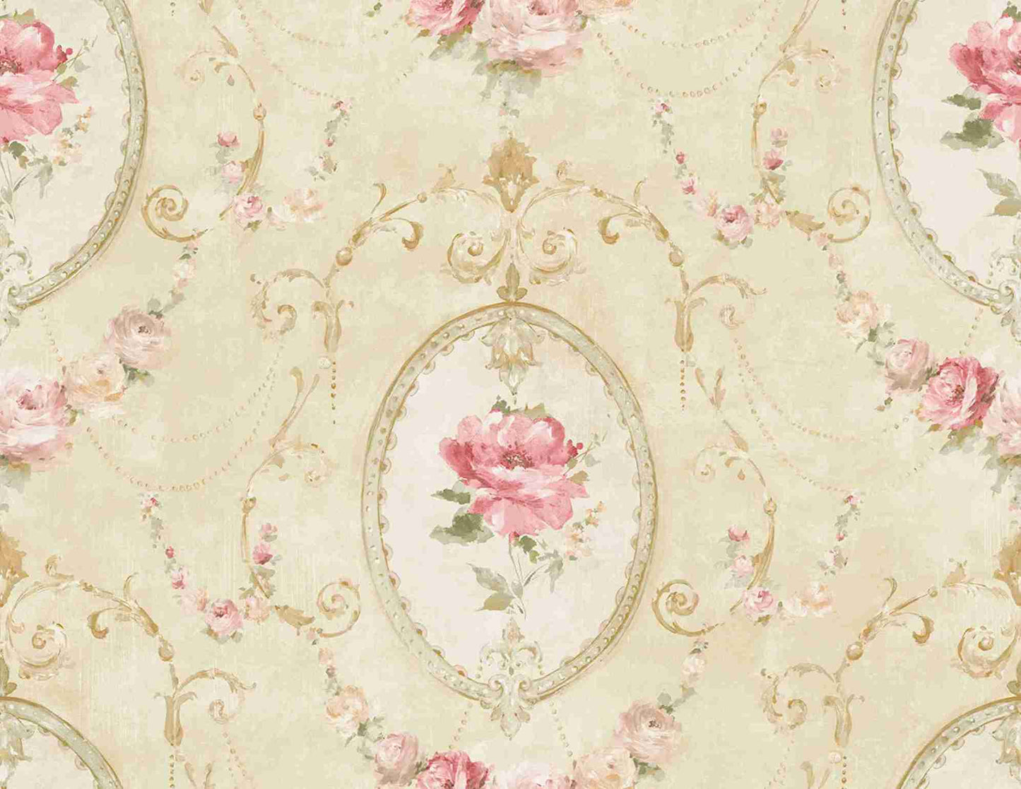Decorative Wallpaper Beige & Rose Medallion Flower close-up.
