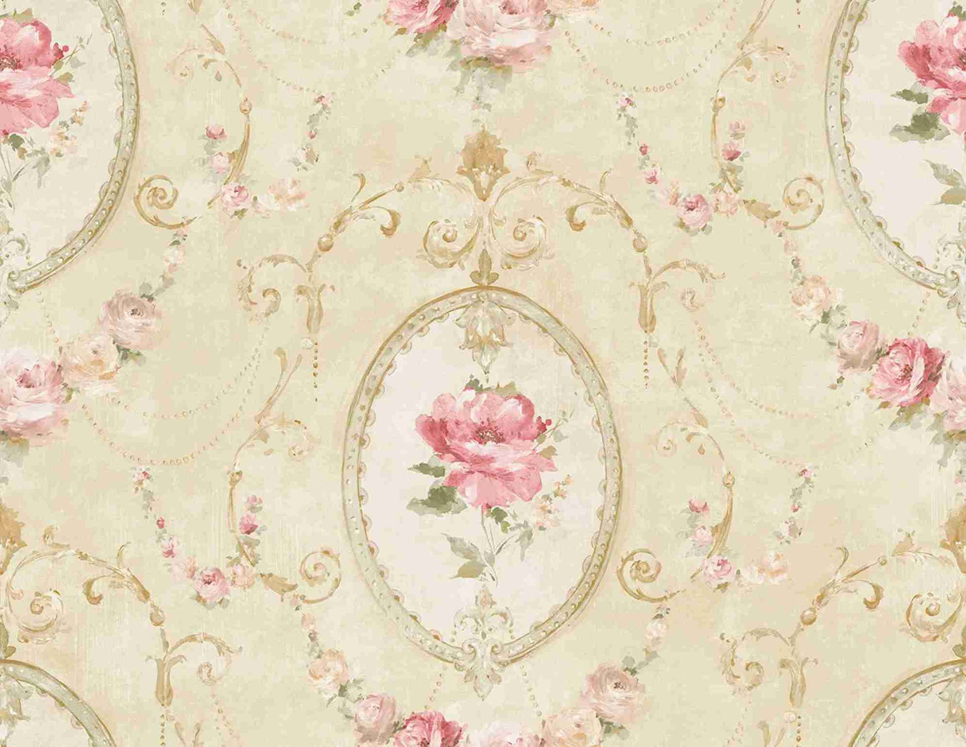 Decorative Wallpaper Beige & Rose Medallion Flower close-up.
