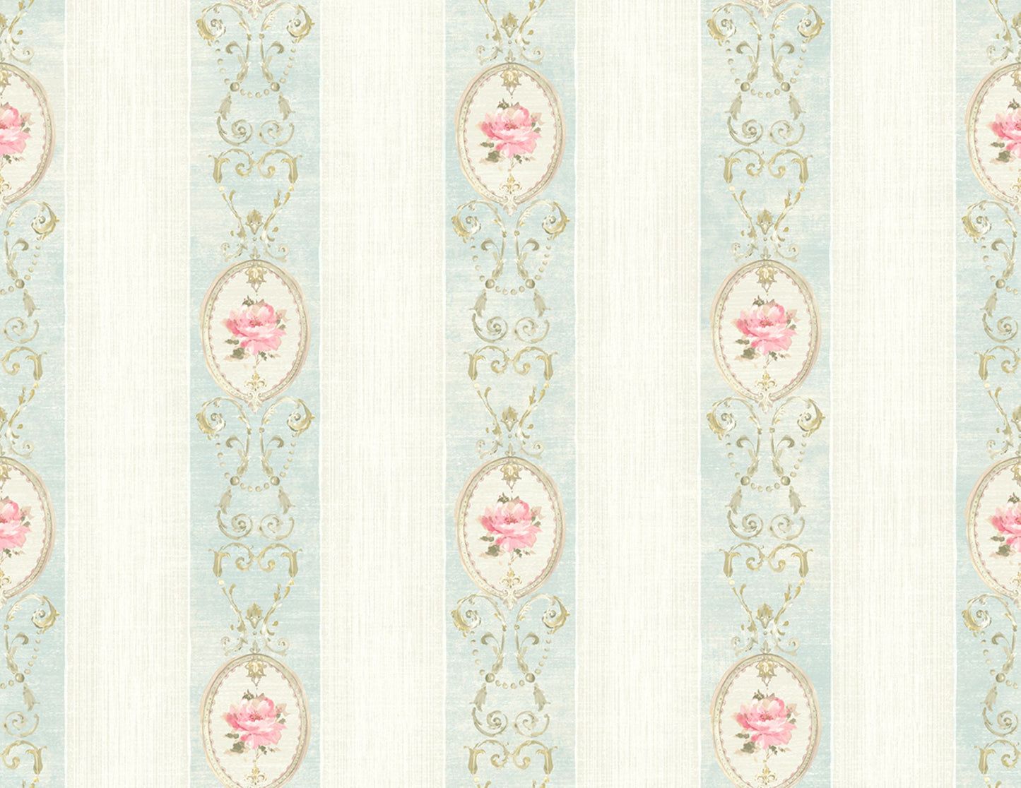 Flower Stripe Wallpaper—blue and cream stripes, painterly roses, gold scrolls—captures French countryside charm.