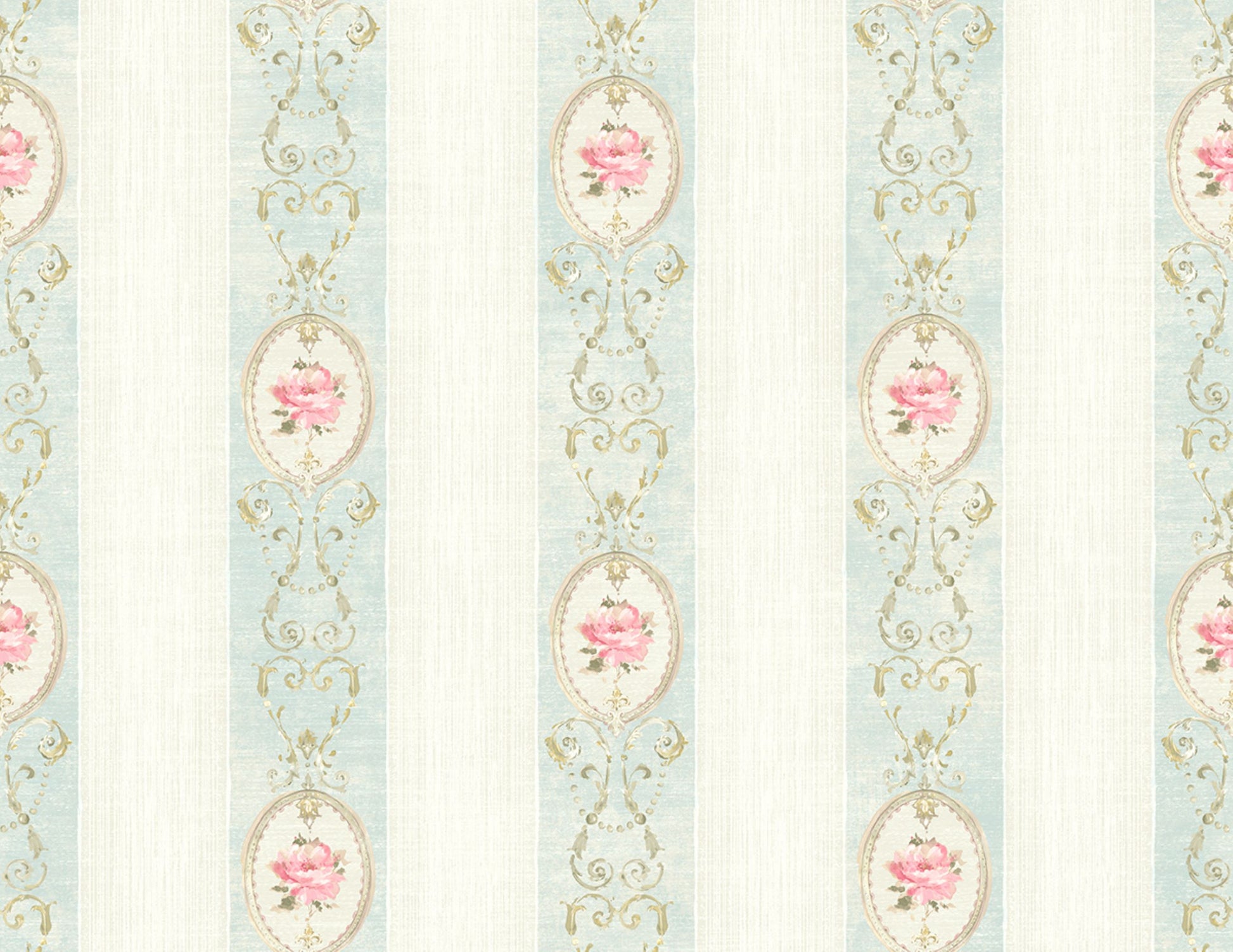 Flower Stripe Wallpaper—blue and cream stripes, painterly roses, gold scrolls—captures French countryside charm.