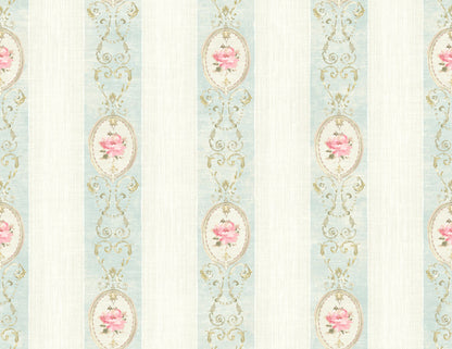 Flower Stripe Wallpaper—blue and cream stripes, painterly roses, gold scrolls—captures French countryside charm.