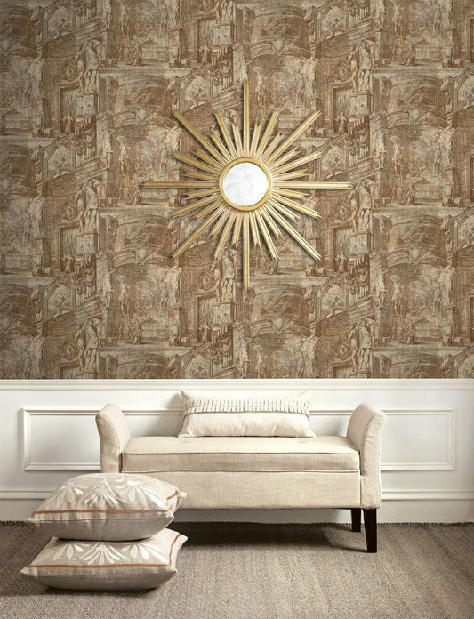 Cream bench and pillows below a gold sunburst mirror on Monument Wallpaper with white wall paneling.