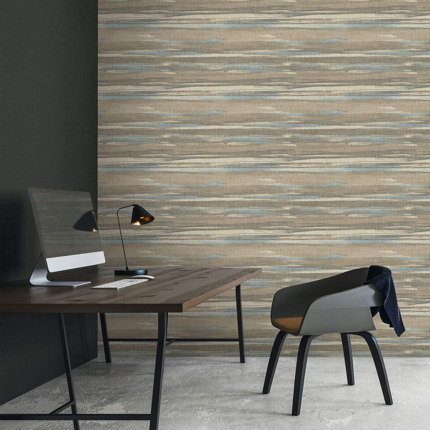 Modern office setup with a desk, chair, and lamp against a textured Brown & Bleu Grasscloth Waves Wallpaper.
