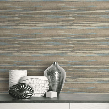Decorative vases against a patterned Brown & Bleu Grasscloth Waves Wallpaper.