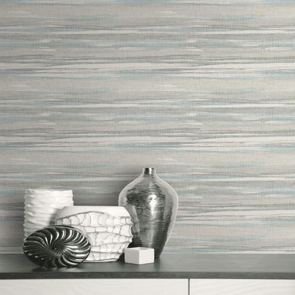 Decorative vases against a textured  Soft Gray & Sky Bleu Grasscloth Waves Wallpaper.
