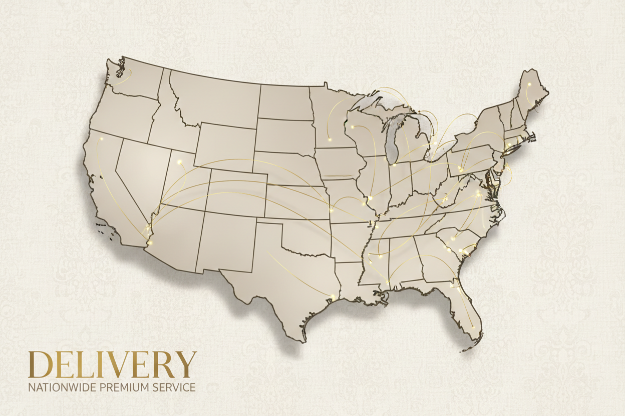 A map of the US with gold lines showing delivery routes and the text DELIVERY Nationwide Premium Service.